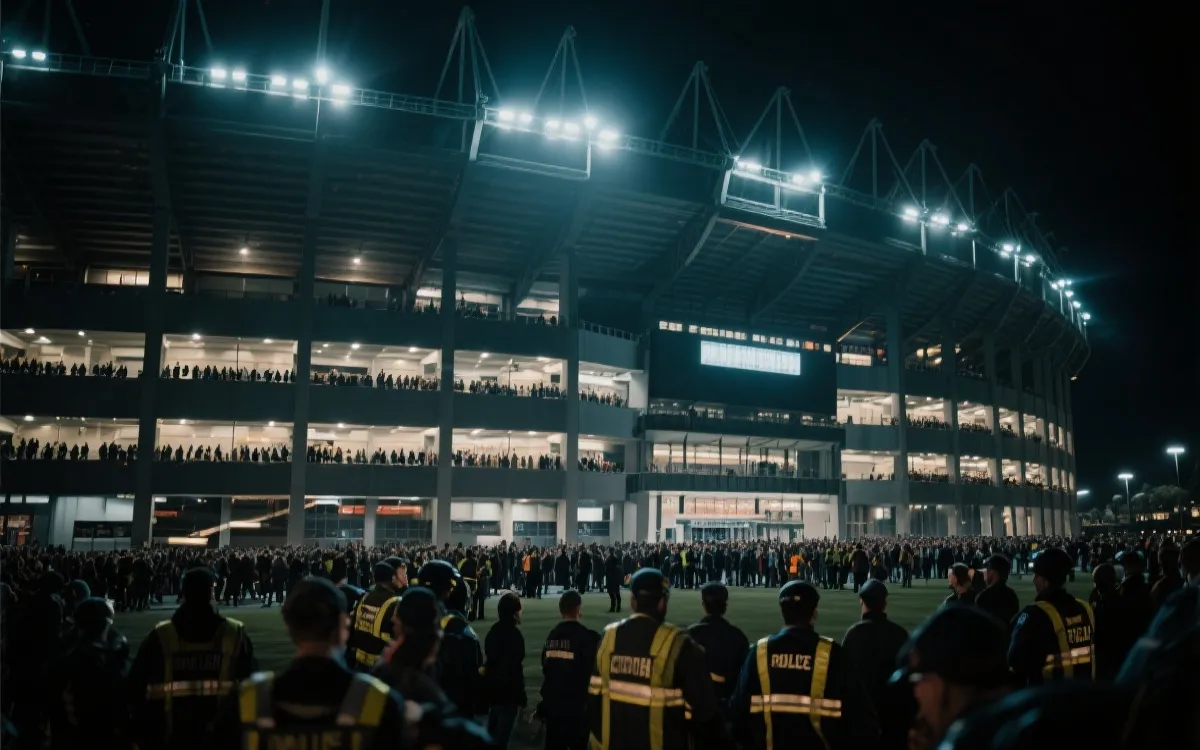 夜色下的北美大型足球决赛球场外观与观众人流动线，电影感、纪实风格